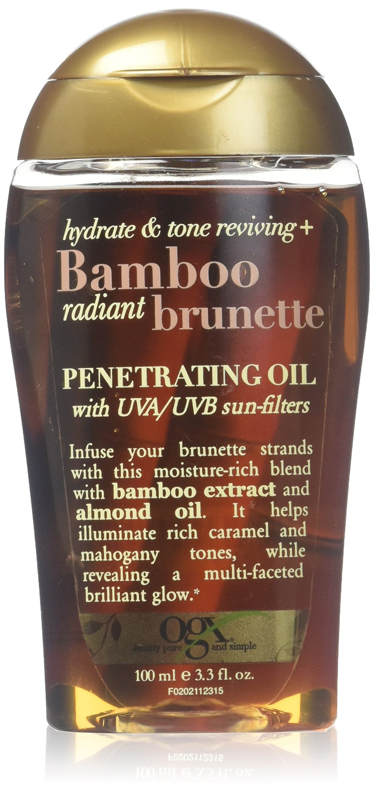 OGX bottle front view showing radiant brunette oil benefits and sleek packaging