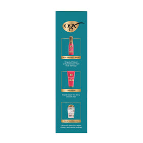 OGX products used during blow-dry demonstrating heat protection benefit