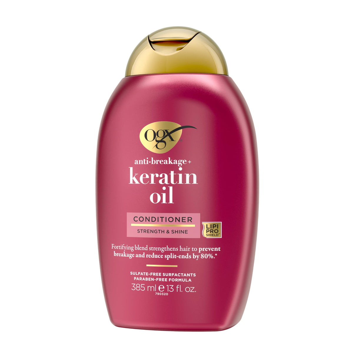 OGX conditioner paired with shampoo on bathroom shelf suggesting coordinated hair routine