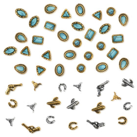 Ohmique front packaging showing 50 turquoise western nail charms and benefits