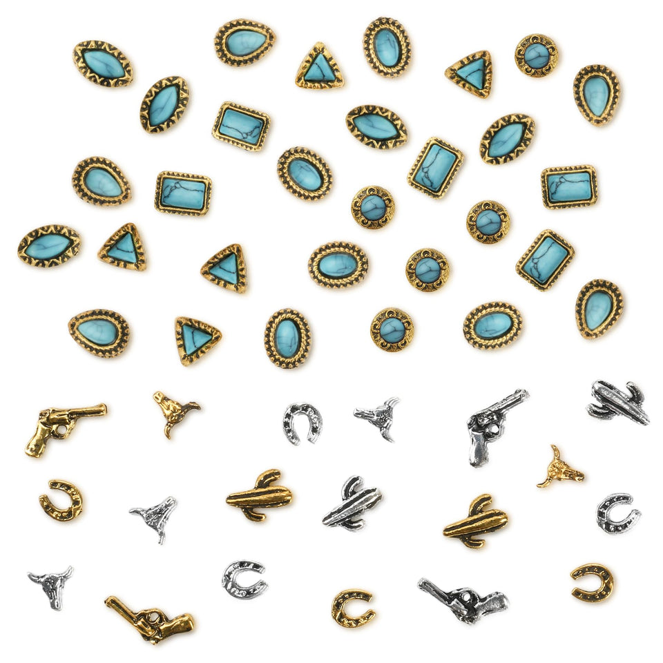 Ohmique front packaging showing 50 turquoise western nail charms and benefits