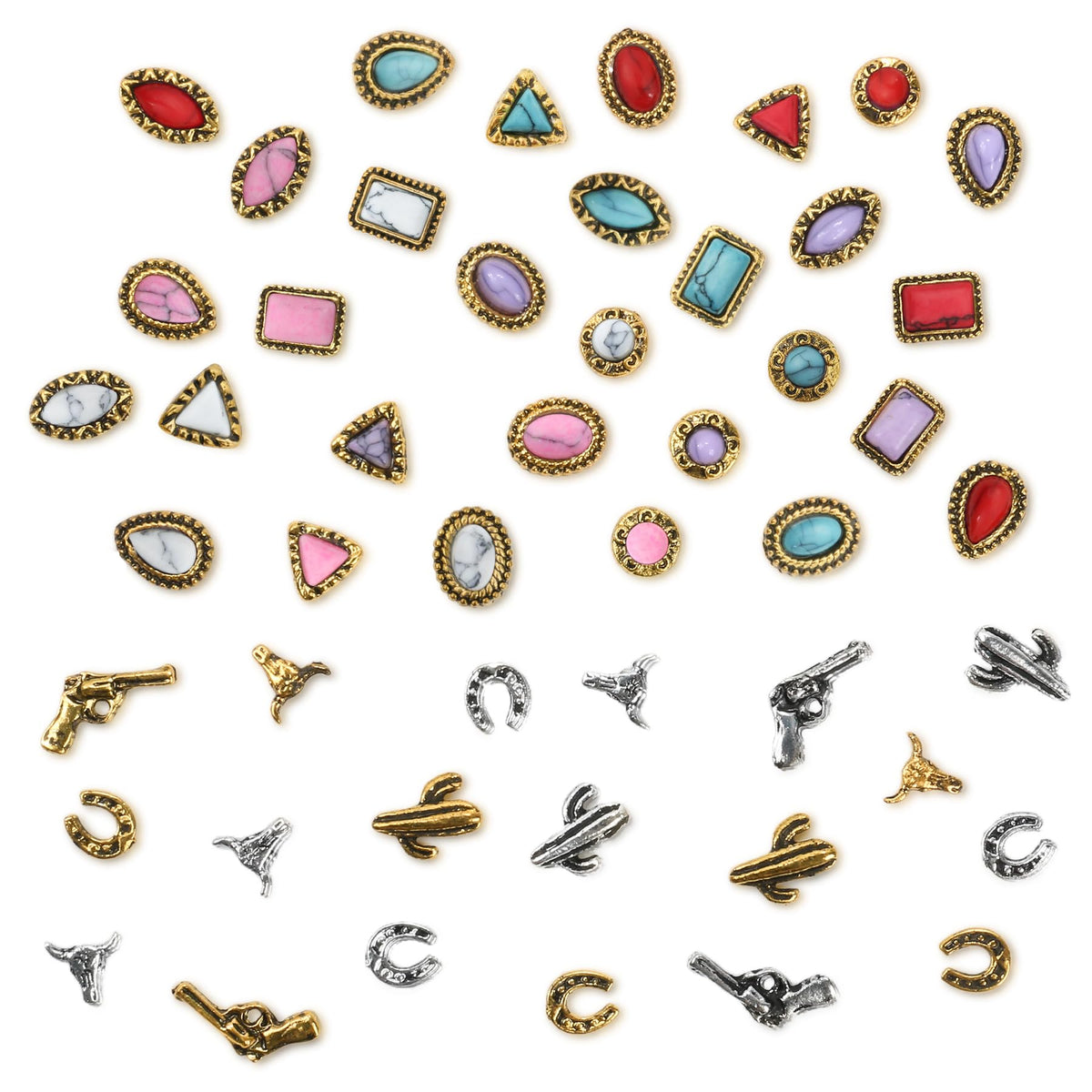 Ohmique front packaging showing 50-piece western nail charm set, ready for DIY