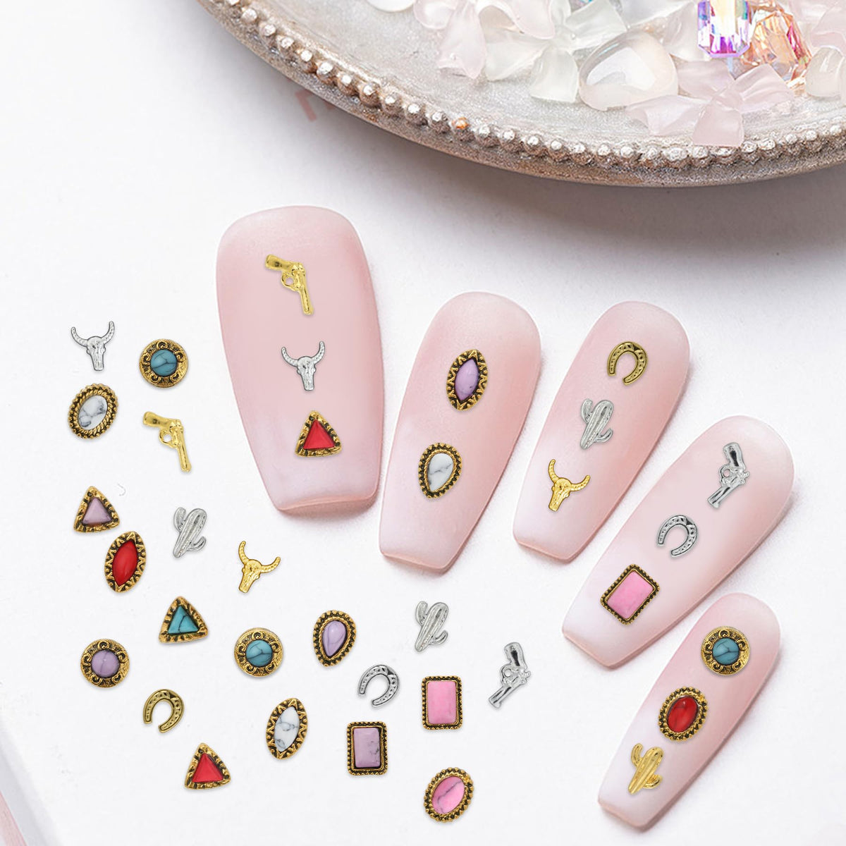 Ohmique charms next to coin for scale to show precise sizes for nails