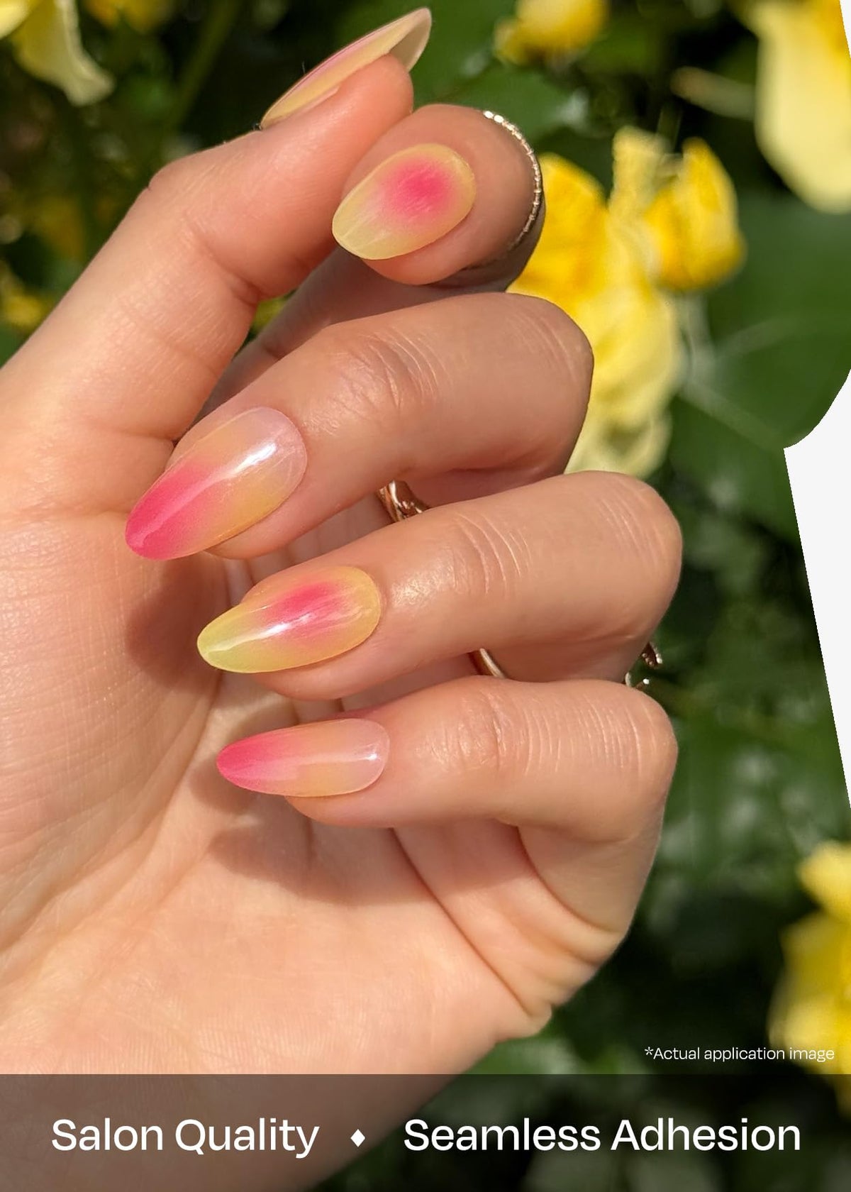 ohora hand applying a nail strip demonstrating easy press-and-fit application