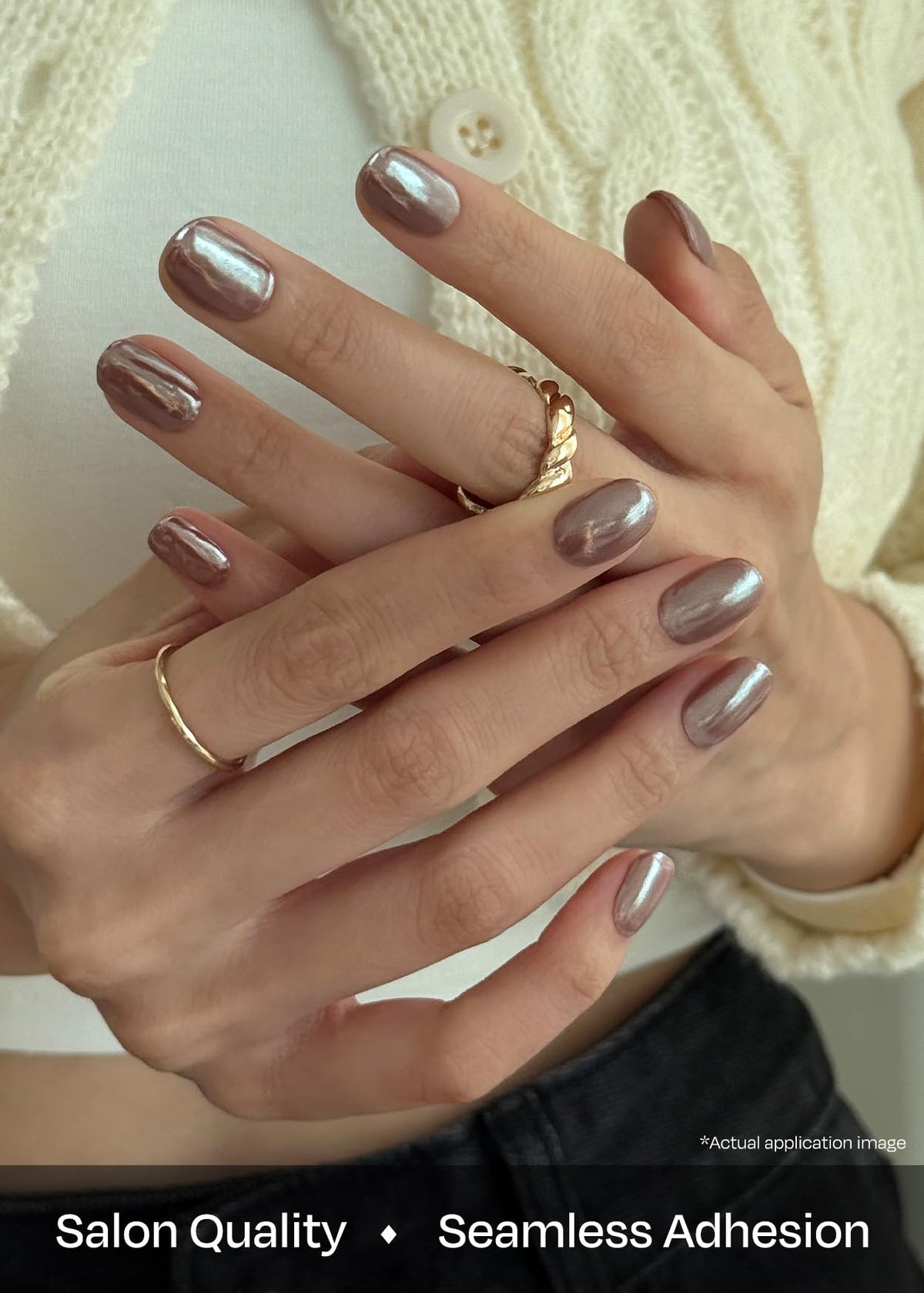 ohora applied on hands lifestyle photo demonstrating polished chrome look and quick beauty