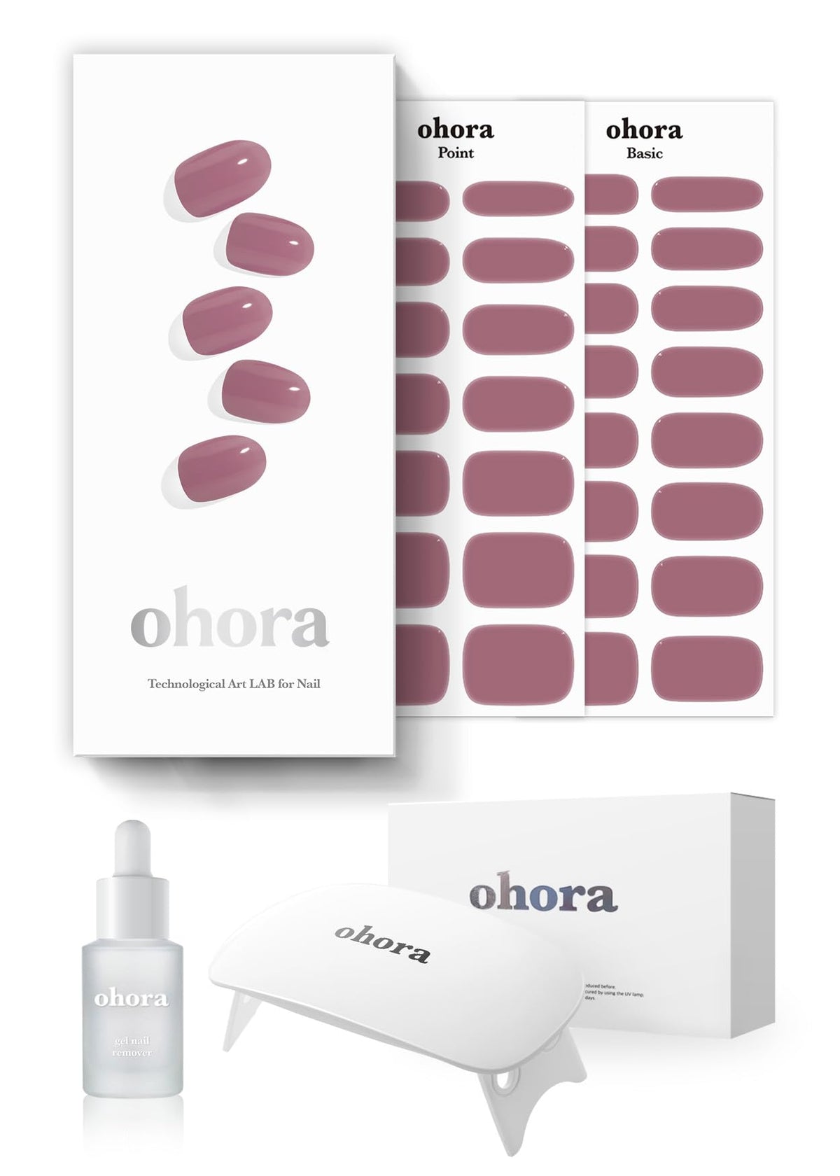 ohora front packaging showing Bare Plum kit and included lamp for easy at-home gel