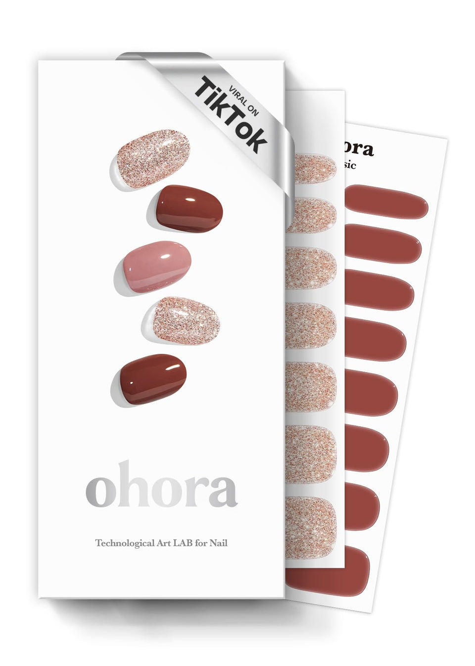 ohora front packaging showing brown glitter strips and included tools for easy at-home salon nails