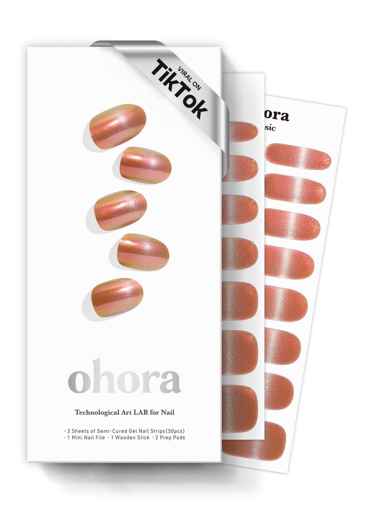 ohora front packaging showing N Golden Hour kit and included tools for easy at-home nails