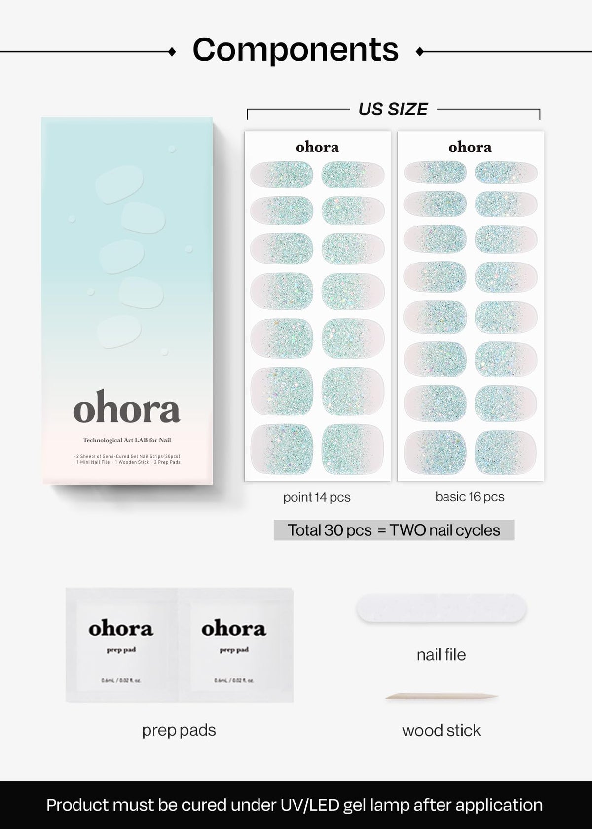 ohora included prep pads, file, and wooden stick presented for simple at-home use