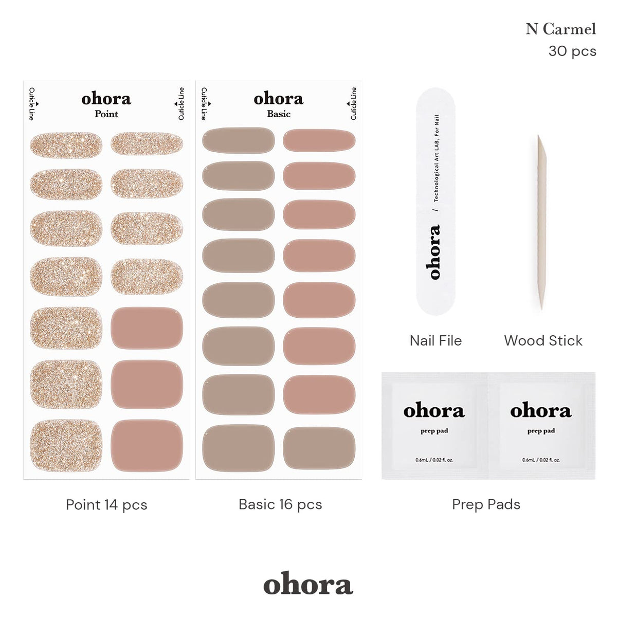 ohora kit accessories laid out: prep pads, file, wooden stick for complete at-home kit