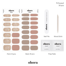 ohora kit accessories laid out: prep pads, file, wooden stick for complete at-home kit