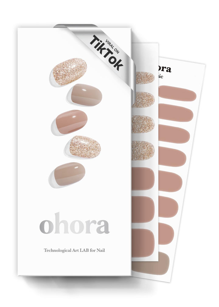 ohora front packaging showing N Carmel nude glitter strips and box contents benefit quick setup
