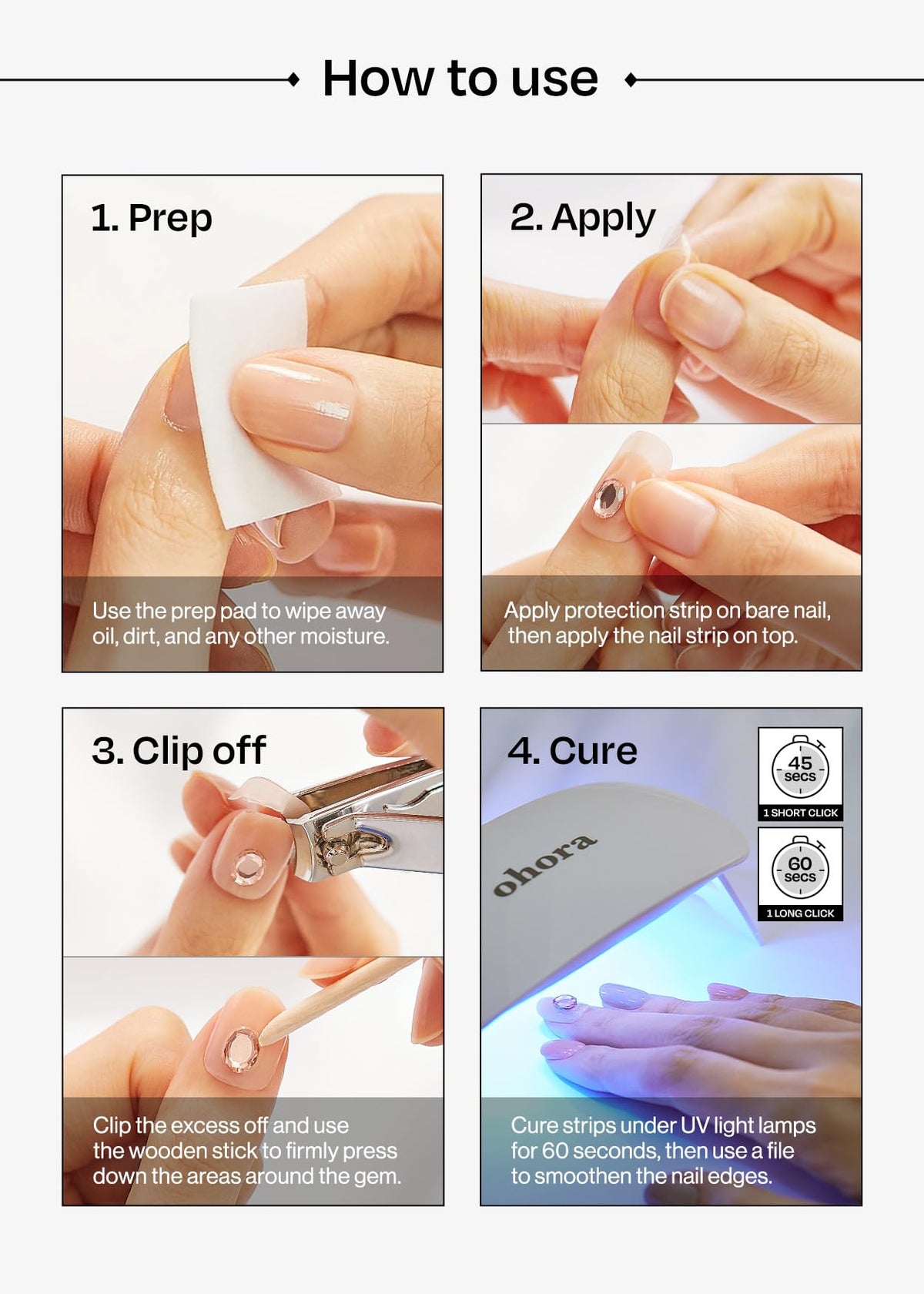 ohora strip gloss texture under lamp highlighting cured shine and chip resistance