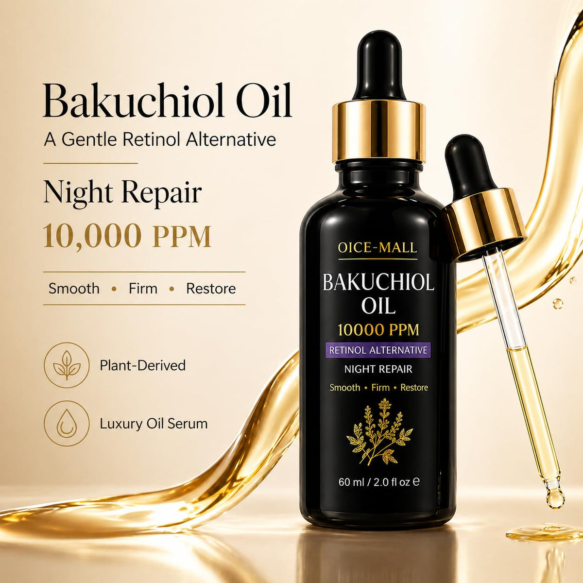 OICE-MALL dropper releasing clear facial oil demonstrating precise application