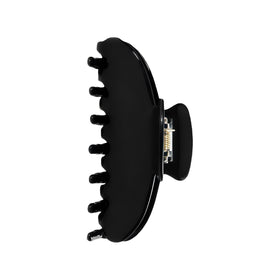 OideGuiing front view of black acetate claw clip showing classic shape and polished finish