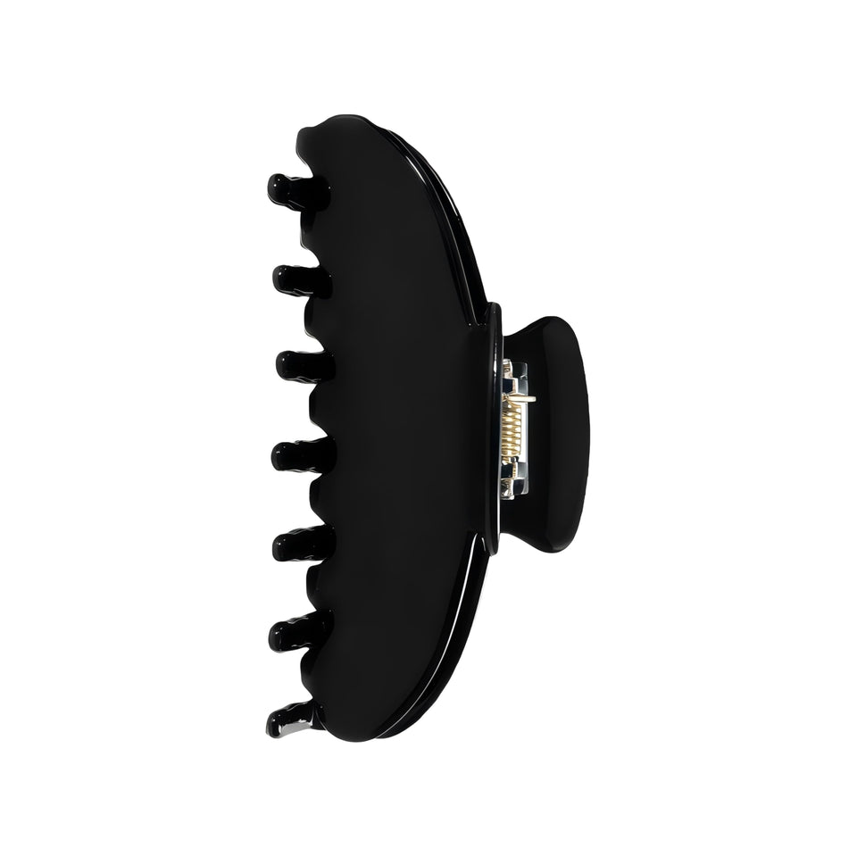 OideGuiing front view of black acetate claw clip showing classic shape and polished finish