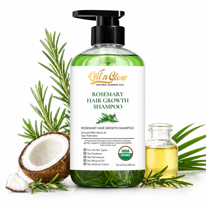 OilnGlow front packaging showing shampoo benefits and organic badge