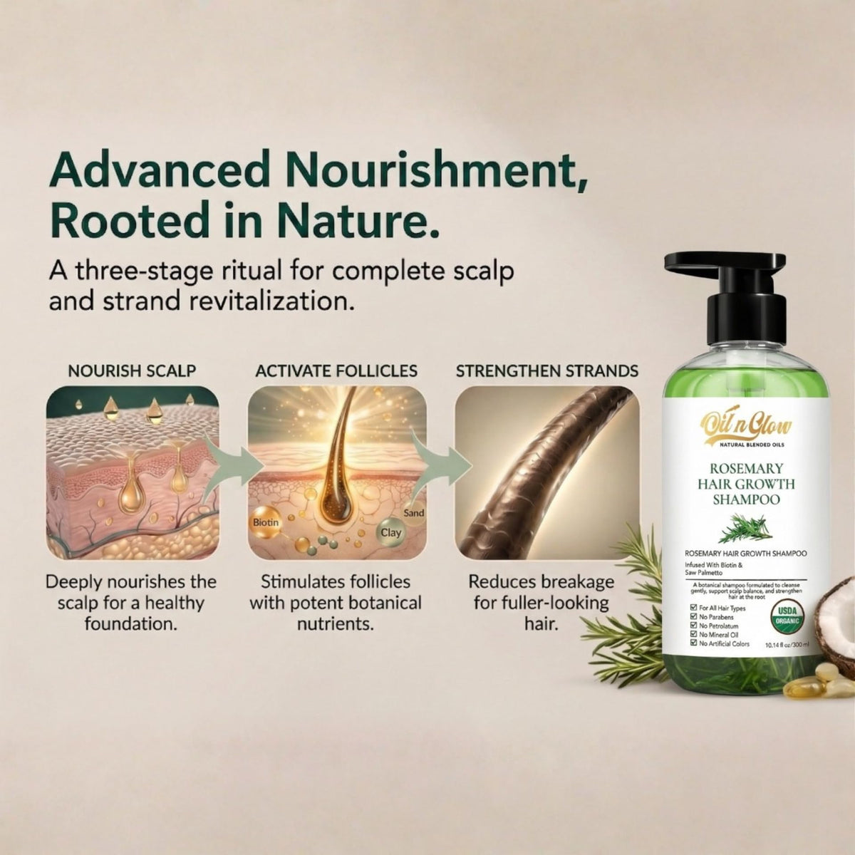OilnGlow pumpkin seed oil bottle emphasizing nourishment for strands