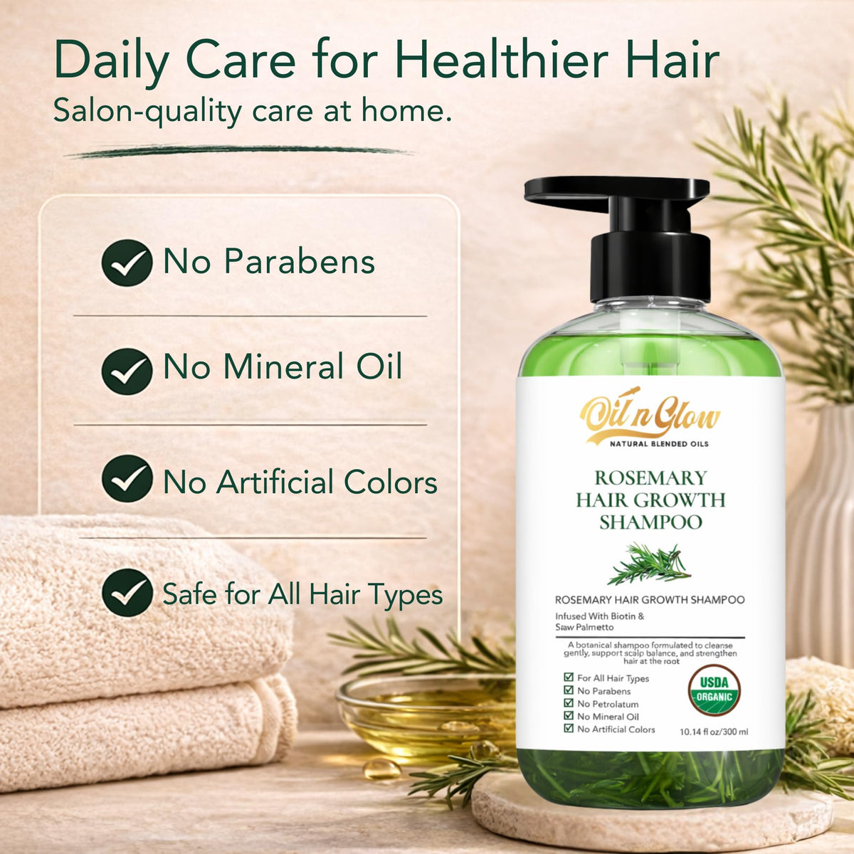 OilnGlow shampoo bottle in bathroom lifestyle scene promoting daily use
