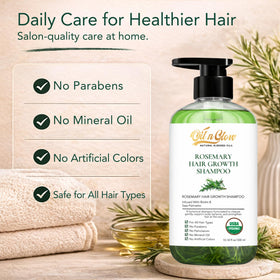 OilnGlow shampoo bottle in bathroom lifestyle scene promoting daily use