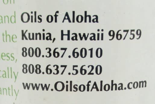Oils of Aloha label close-up highlighting Made in Hawaii and purity