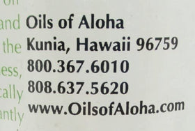 Oils of Aloha label close-up highlighting Made in Hawaii and purity