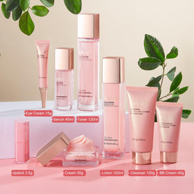 OKADY open set overhead view displaying all eight skincare and makeup items