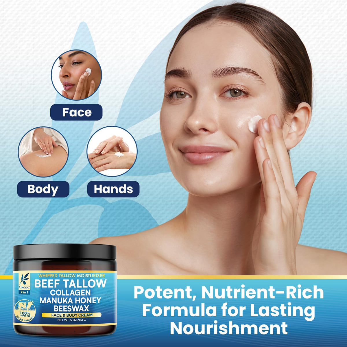 Okaga balm being rubbed into hand to demonstrate quick hydration
