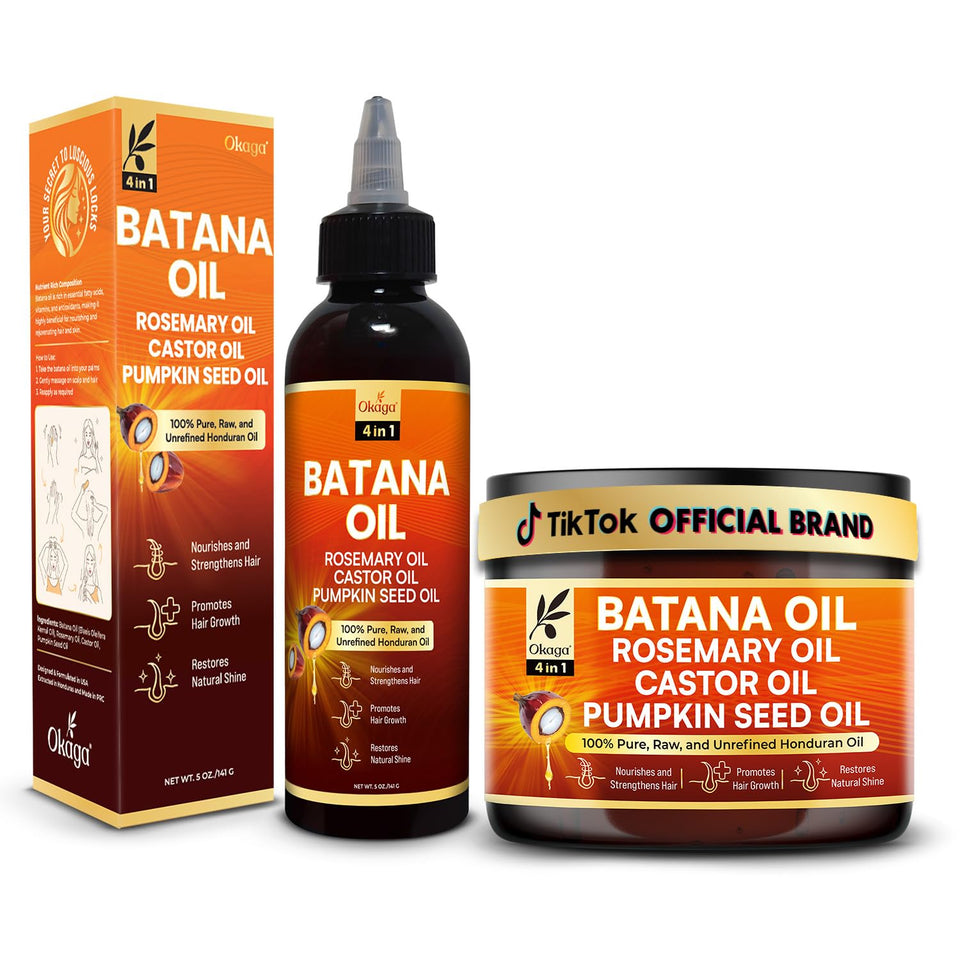Okaga front packaging showing the batana oil and cream for easy routine