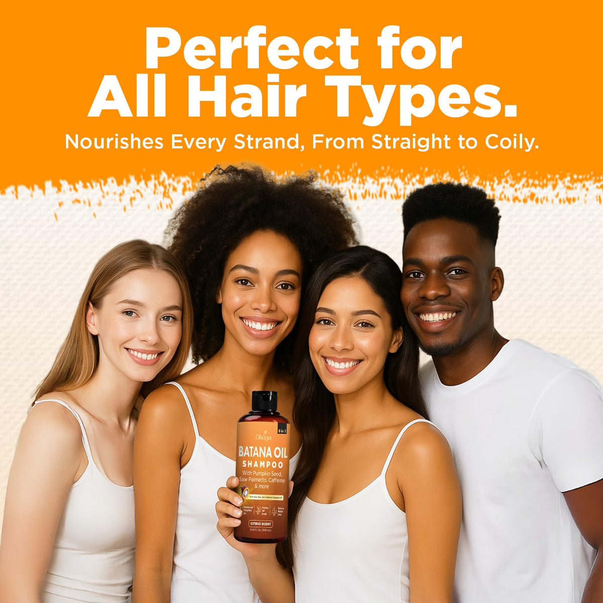 Before-and-after hair image with Okaga showing fuller-looking, stronger hair