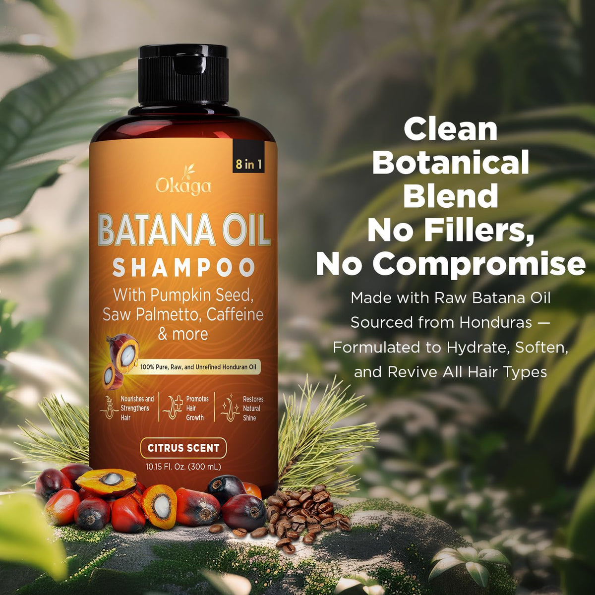 Hand holding Okaga shampoo bottle demonstrating size and grip