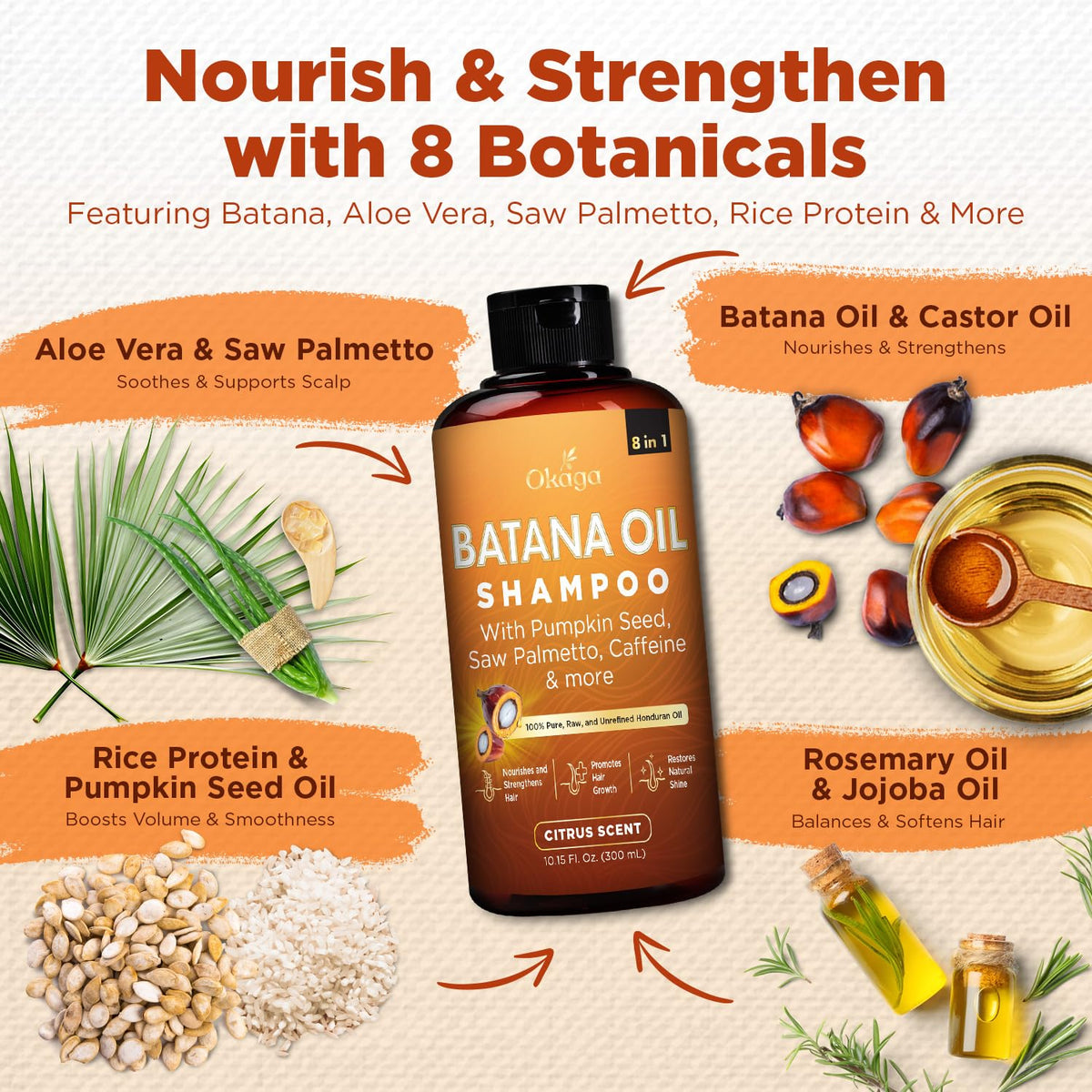 Creamy shampoo texture pouring from Okaga bottle, nourishing lather benefit