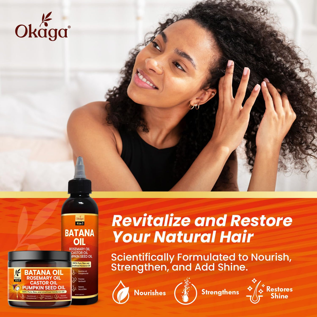 Okaga cream applied to hair mid-lengths demonstrating smoothing and frizz control