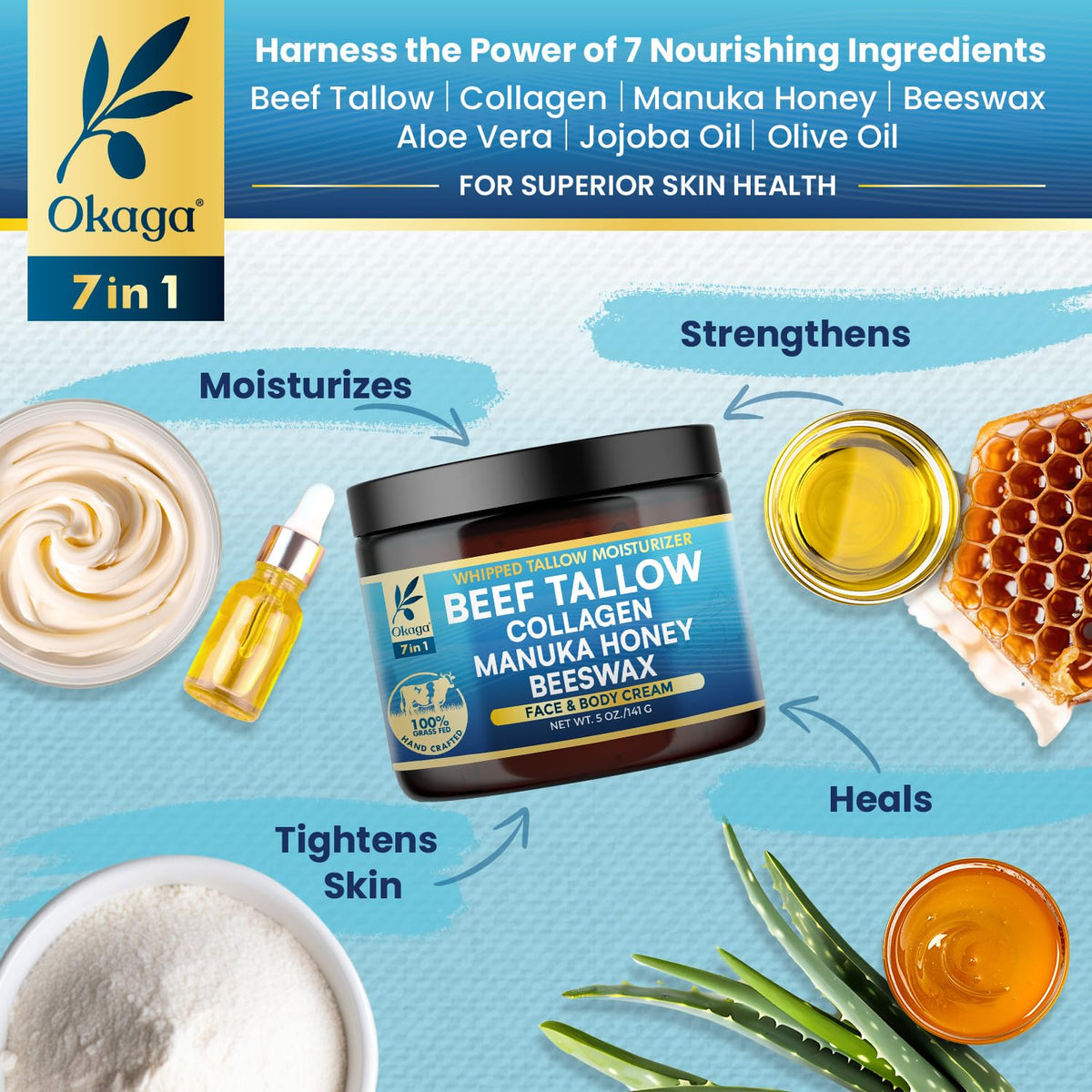 Okaga jar beside manuka honey jar highlighting nourishing ingredient