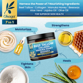Okaga jar beside manuka honey jar highlighting nourishing ingredient