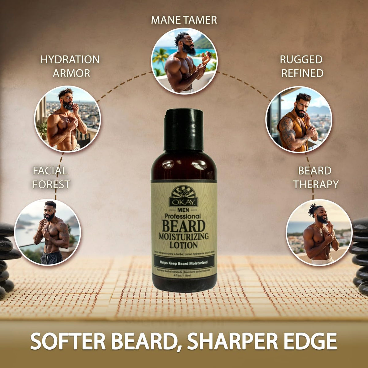 OKAY applying lotion to beard demonstrating softening and manageability benefit