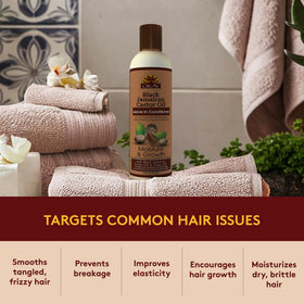 Bathroom shelf with OKAY conditioner in a styled routine emphasizing easy daily use