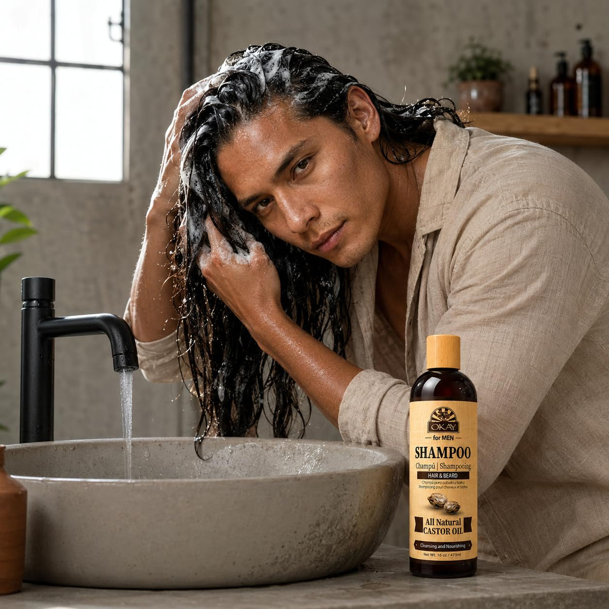 OKAY applied to beard in bathroom to illustrate easy in-shower use and control