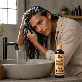 OKAY applied to beard in bathroom to illustrate easy in-shower use and control