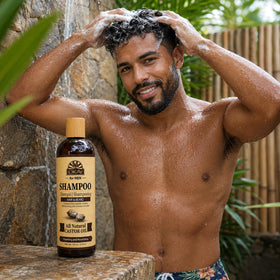 OKAY bottle on shower shelf in lifestyle setting, signaling daily grooming routine