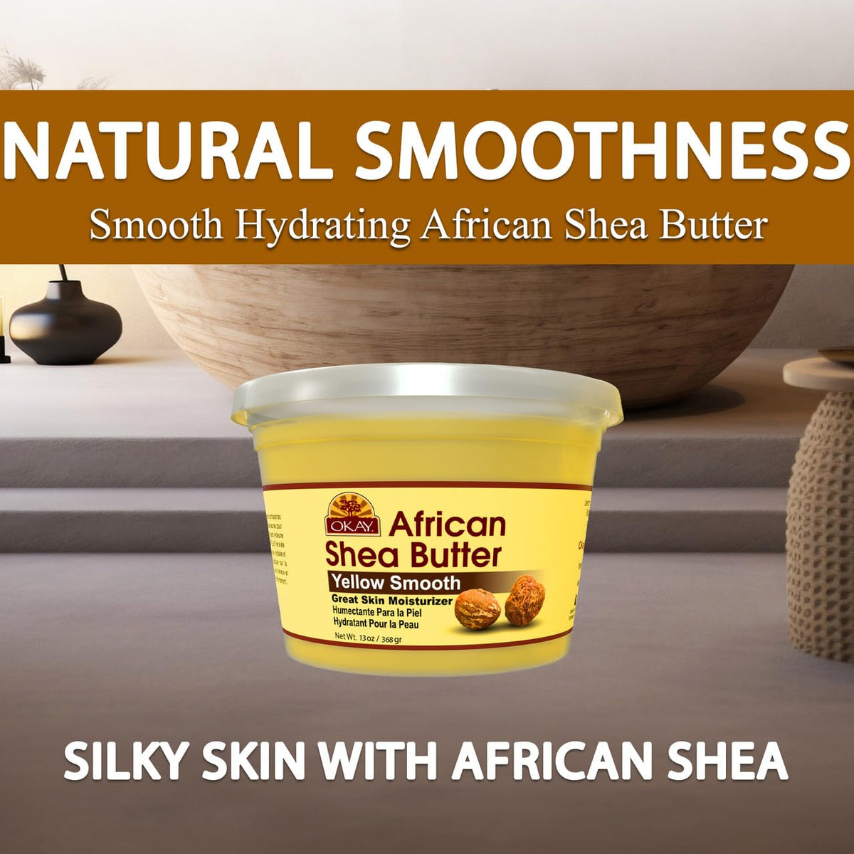 OKAY jar on bathroom shelf in lifestyle setting showing everyday moisturizing routine benefit