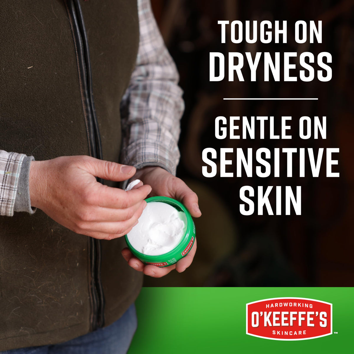 O'Keeffe's application on hands demonstrating repaired, softened skin