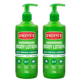 O'Keeffe's front packaging showing twin 12 oz pump bottles and clear labeling for convenience