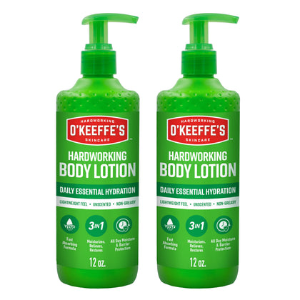 O'Keeffe's front packaging showing twin 12 oz pump bottles and clear labeling for convenience