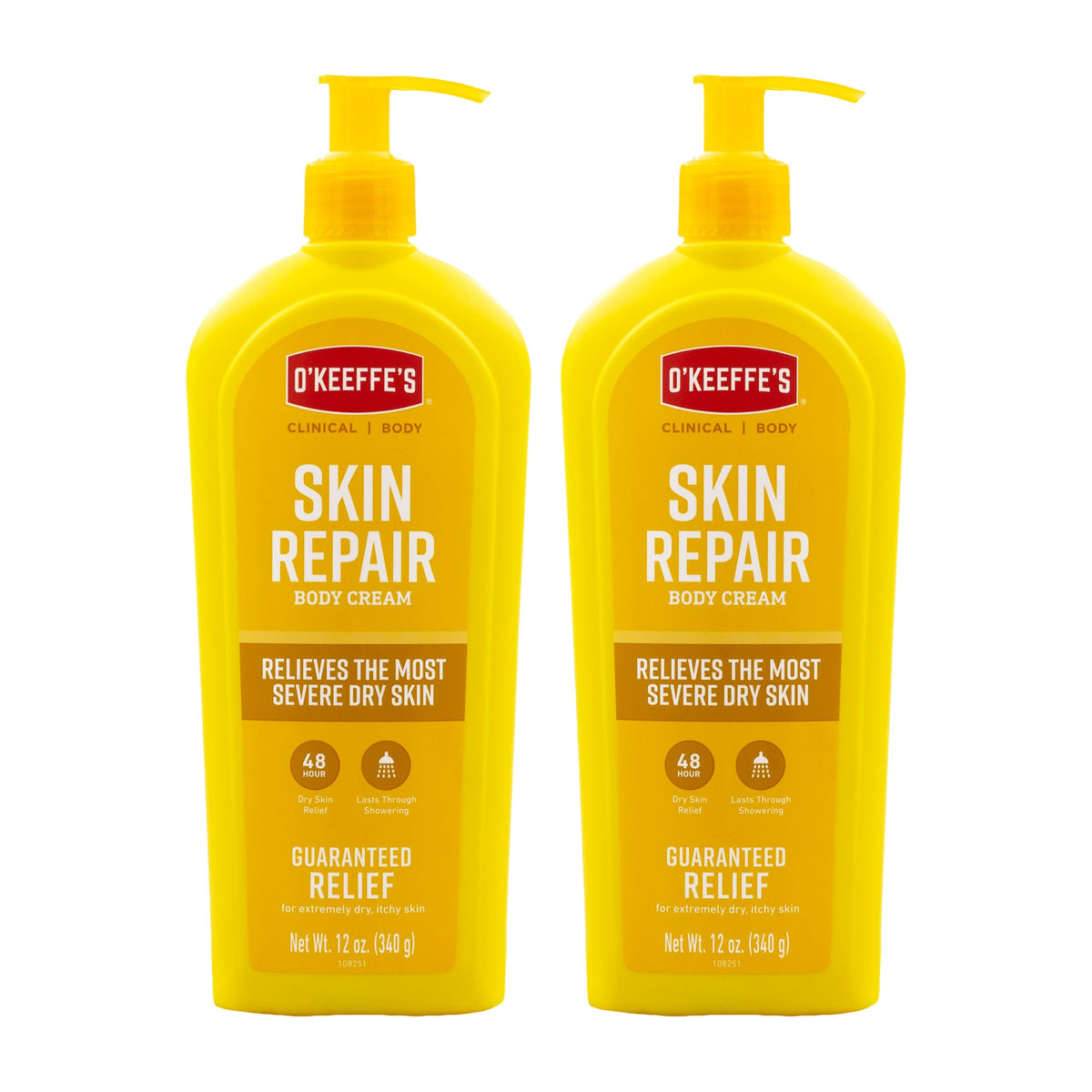 O'Keeffe's front packaging showing dual 12 oz bottles for lasting moisture