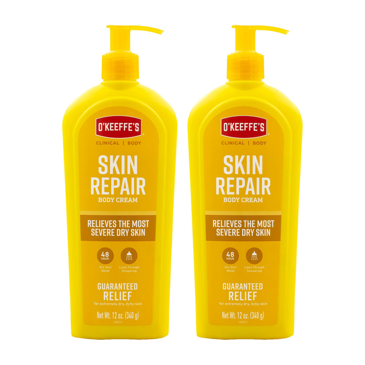 O'Keeffe's front packaging showing dual 12 oz bottles for lasting moisture