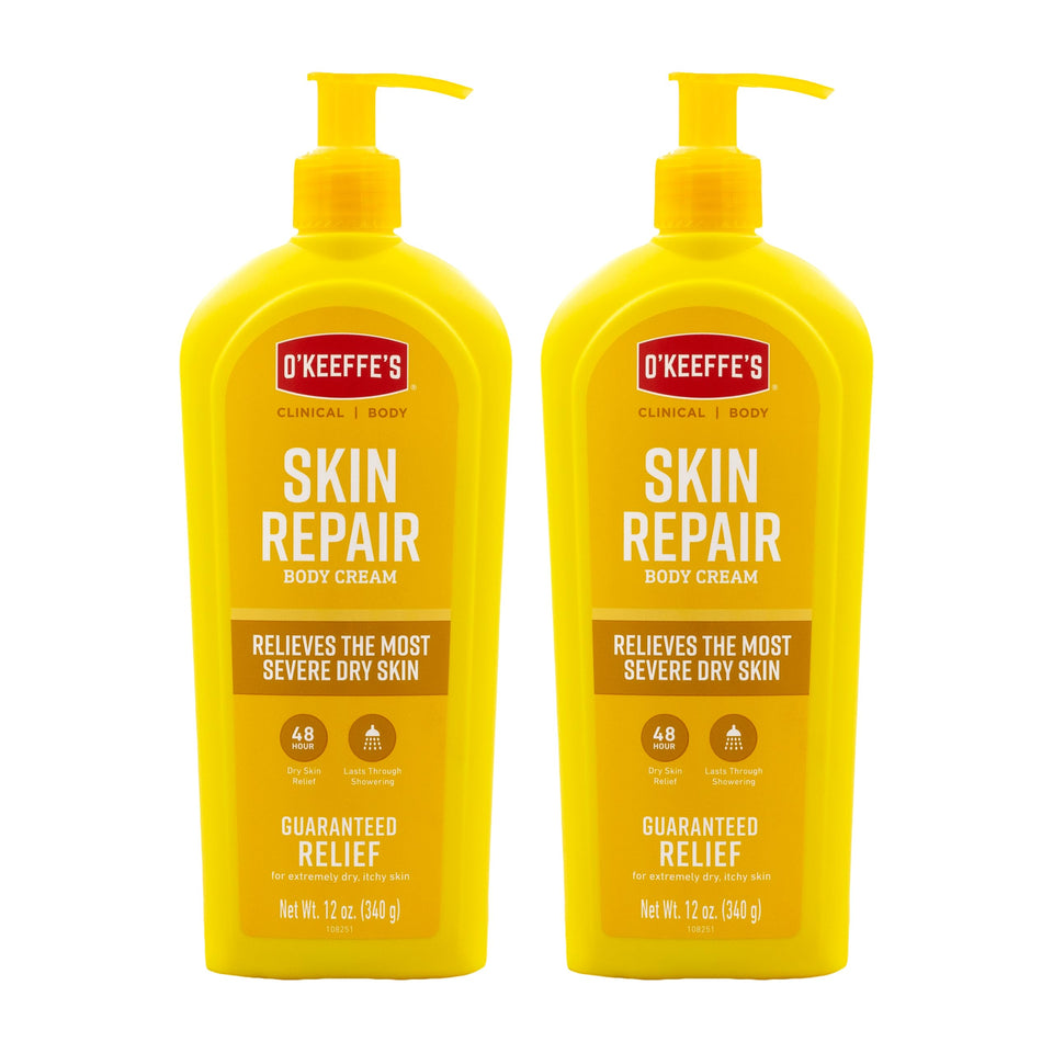 O'Keeffe's front packaging showing dual 12 oz bottles for lasting moisture