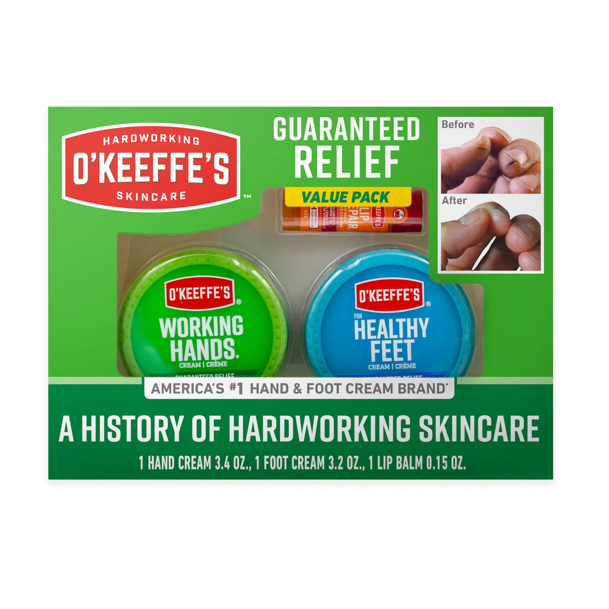 O'Keeffe's giftbox front packaging showing all three products for easy gifting