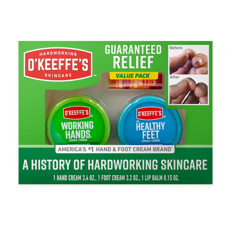 O'Keeffe's giftbox front packaging showing all three products for easy gifting