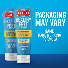 O'Keeffe's ingredients shot with urea and AHA visuals emphasizing exfoliate and hydrate benefits